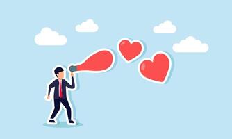 A businessman blowing a heart shaped balloon, an illustration of gaining attention from the market, creating products or services that people love vector