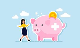 A businesswoman enjoying and happy next to a piggy bank with a plus sign or health symbol, illustration of Someone feeling secure and comfortable due to having health insurance vector
