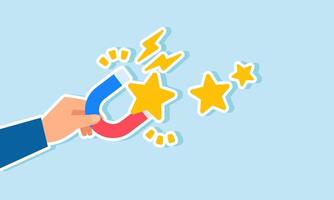 A businessman hand holding a magnet trying to attract stars, illustration of efforts and strategies to achieve high ratings in business vector