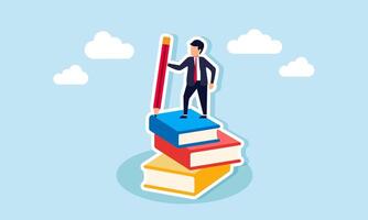A businessman standing on top of a stack of books holding a pencil, illustration of A businessman who has completed the own project report vector
