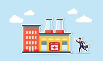 A businessman running to press a button on a factory to operate it, illustration of Racing against factory production time to meet production targets vector