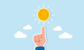 A businessman hand pointing towards a glowing bitcoin, illustration of The strong valuation of bitcoin is attracting many people to buy it vector