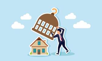 A businessman lifting a cage covering a house, illustration of Breaking free to be more productive, not constrained by limitations vector