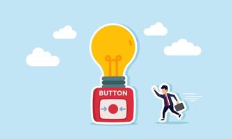 A businessman running and trying to press a button to turn on a light, illustration of Racing against time to generate ideas and innovations for a business and its growth vector