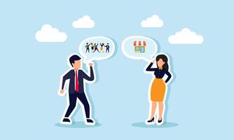 A businessman and businesswoman discussing market targets or segmentation, shown with many people and a supermarket, illustration of Discuss or brainstorming on business planning to analyze customer vector