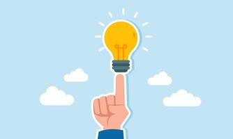 A businessman hand pointing towards a lit lamp, illustration of Finding an idea, discovering an innovation vector