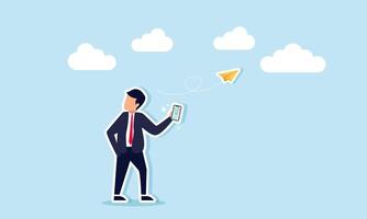 A businessman holding a phone, sending a message in the form of a paper airplane, illustration of A businessman sending a message to a business partner or client to negotiate a project vector