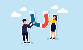 A businessman and businesswoman holding pieces of a magnet trying to connect them, illustration of the effort to unify business systems for optimal and effective performance vector