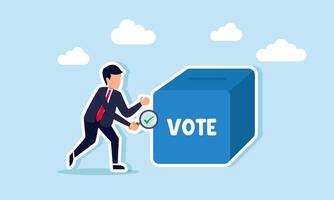 A businessman with a magnifying glass and a checkmark investigating or examining a vote box, illustration of the evaluation of vote papers for accuracy or fraud vector