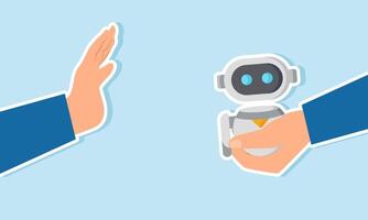 Businessman hand offering a robot or AI, but it is rejected, illustration of A company is rejection of using AI or robots, sticking to conventional systems vector