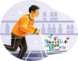Man is rushing when shopping with a shop trolley vector