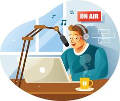 Radio host at studio speaking in the microphone vector