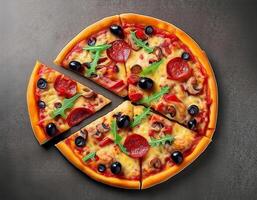 Delicious pizza with olives and sausages on table, top view photo