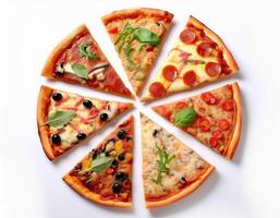 Slices of different tasty pizzas isolated on white, top view photo
