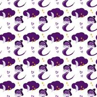 Snake in witch hat and crescent with cloud, stars and hearts Cute magic characters Seamless pattern. Isolated illustration Wrapping, wallpaper, packing or web, cards background design concept vector