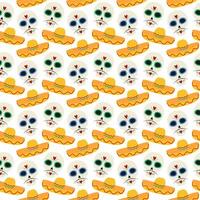 Decorative Sugar skulls with mustache and sombrero Seamless pattern Day of the dead background idea. illustration Isolated on white Wrapping, wallpaper, packing or web, cards, poster, banner vector