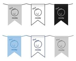 Outline, monochrome and grayscale Pennants on a rope with sad emoticon and inscription. Set of 6 Isolated EPS . Greetings. cards, poster, banner, brochure, price tag, label, promo or web concept vector