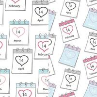 Calendar pages with date February, March, April 14 and heart shape stroke Seamless patterns Set of 2 Background Texture. Isolated Wallpaper, wrapping or web, posters, banners, promo, label, tag vector