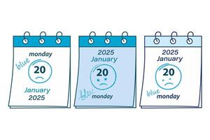Calendar pages on a spring with the date 2025, January 20 sad emoticon and hand lettering blue Set 3. Isolate EPS. Cards, poster, banner, brochure, price tag, label or web, promo design concept vector