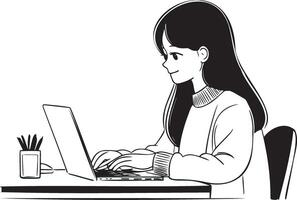 A simple design of a haired woman sitting at a desk working on a laptop vector