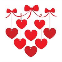 Valentine Red Textured Hanging Hearts with Bows . vector