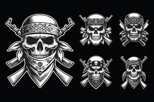 Set of skull with bandana and guns illustration vector