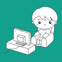 Cute Kids Daily Routine Watching Television Activity Cartoon Digital Stamp Outline vector