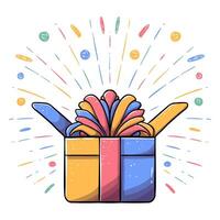 Festive illustration of an open gift box with a colorful explosion of ribbons and confetti bursting out. The box features bright colors and a celebratory design, perfect for party invitations cards. vector