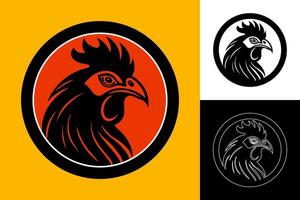 A rooster head logo available in three styles colored, black, and white. The design incorporates sharp lines and dynamic curves, ideal for branding purposes. Suitable as a business logo. vector