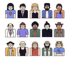 A set of 15 diverse cartoon characters with different outfits, hairstyles, and accessories. Great for avatars, game characters, and creative projects, featuring unique and colorful designs. vector