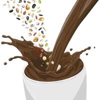 Chocolate milk being poured into a glass with grains and seeds swirling in the mix, creating a rich and textured look. Perfect for food and beverage design, or health-focused products. vector
