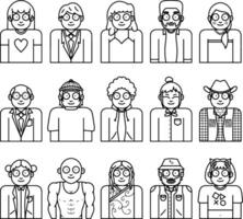 Black and white illustration of diverse character avatars, each with unique styles and features. Great for coloring books, design projects, or creating personalized profile icons. Line art image. vector