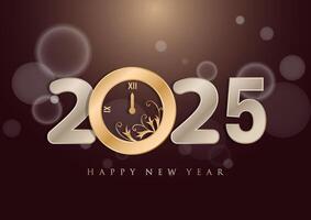 2025 Happy New Year clock countdown background. Gold glitter shining in light with sparkles abstract celebration. vector