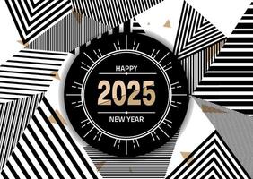 2025 New Year banner with numbers from simple geometric shapes and figures inside confetti. Template for greeting card, invitation, poster, flyer, web. illustration isolated on white background. vector