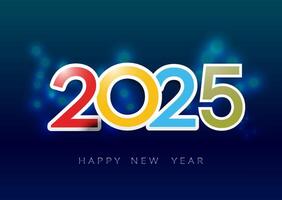 Greeting card Happy New Year 2025. Beautiful holiday web banner or billboard with Colorful sparkling text Happy New Year 2025 written sparklers on festive blue background with fireworks vector