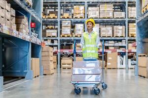 Portrait of employee female warehouse professional worker in uniform working in inventory with stacked up shelves in logistics center factory, Warehouse operation carry carton box keep in the shelf photo