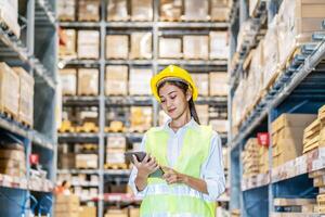 Portrait of asian woman warehouse worker in uniform checks stock and inventory with digital tablet computer, working in delivery, distribution center, logistic and business export photo