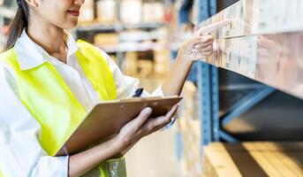 Asian manager woman doing stocktaking of products management in cardboard box on shelves in warehouse using clipboard file and pen. Female professional assistant checking stock in factory. photo