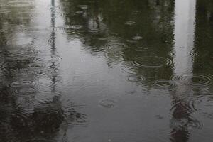circles from raindrops puddle water during rain close-up of innacity photo