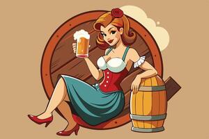 A cartoon woman sitting on a barrel with a beer vector