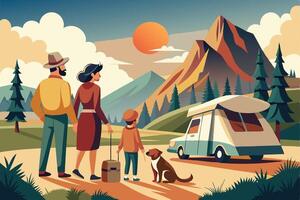 Family with dog and camper in the mountains vector