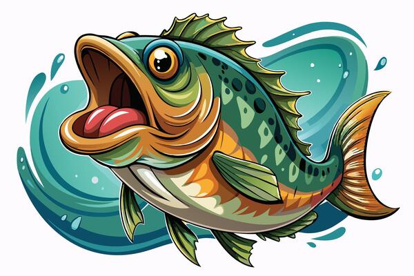 A cartoon fish with its mouth open and its tongue out