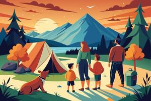 Family camping in the mountains with dog and tent vector