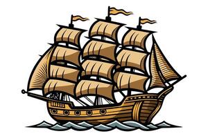 An old sailing ship with sails on the water vector