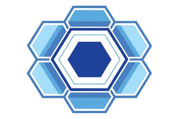 A blue hexagon with a white background