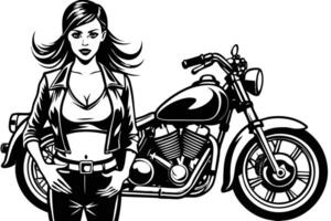A woman with a motorcycle in front of a black and white background vector