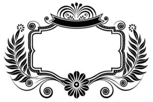 A black and white ornamental frame with a ribbon and leaves vector