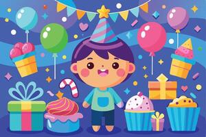 A boy is standing in front of a birthday party vector