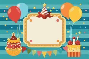 Birthday card with cake, balloons and a frame vector