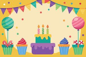 Birthday party background with cupcakes and balloons vector
